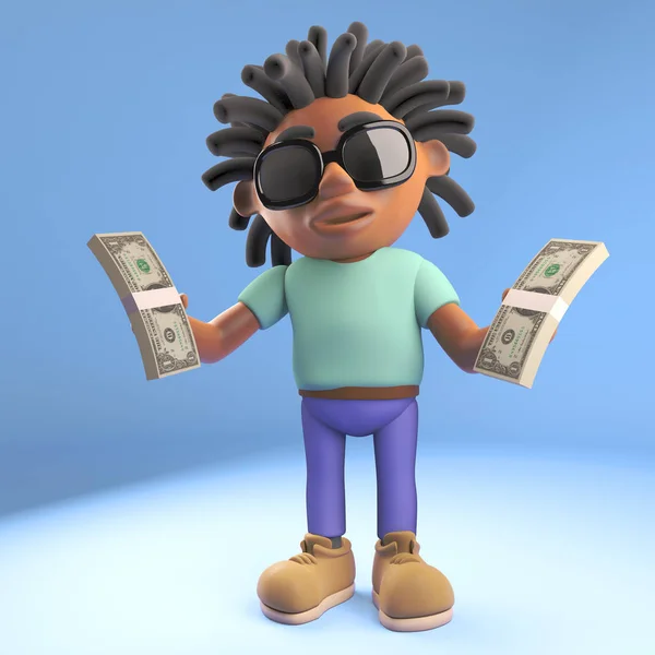 Cartoon czarny Afro Karaibski człowiek z dredy gospodarstwa wads gotówki dolarach amerykańskich, ilustracja 3D — Zdjęcie stockowe