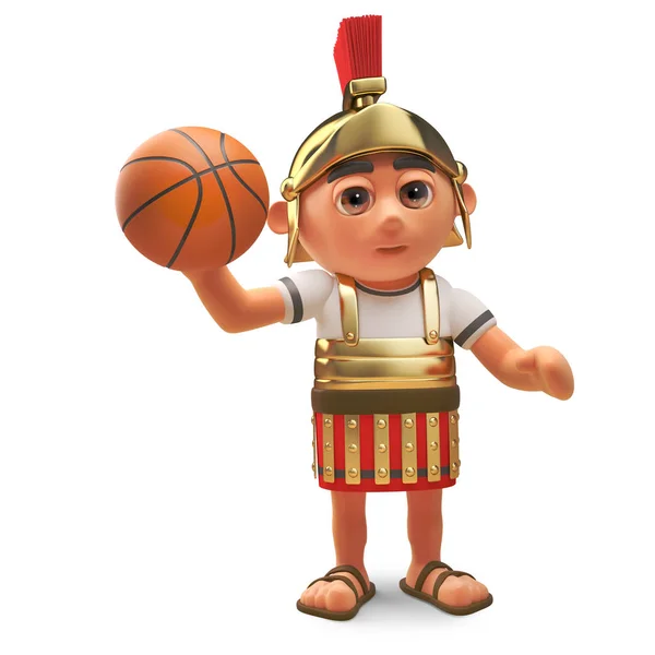 3d caricatura soldado centurión romano jugando con una pelota de baloncesto, 3d ilustración — Foto de Stock