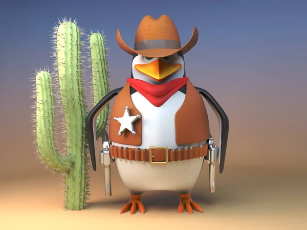 Wild-West-Cowboy-Pinguin-Sheriff steht fest am Kaktus, 3D-Illustration — Stockfoto