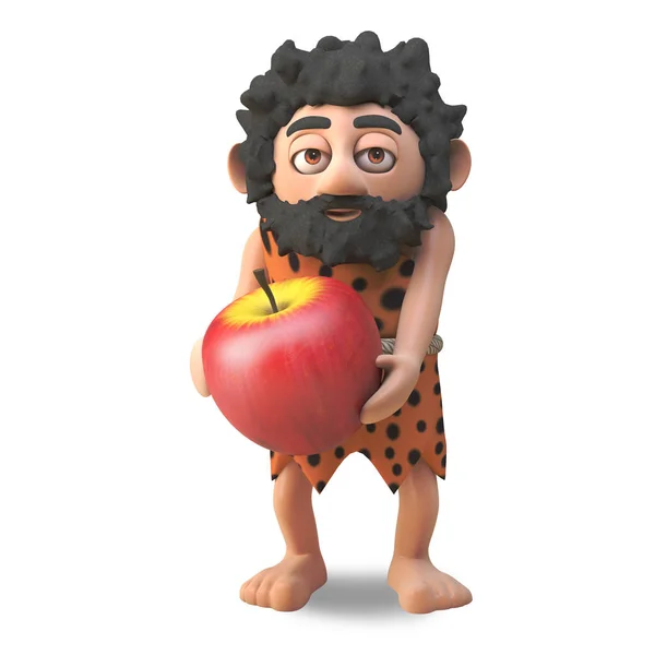 Caveman 3D cartoon karakter met een gigantische prehistorische appel, 3D illustratie — Stockfoto