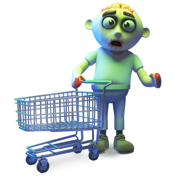 Смешной зомби-монстр ходит по магазинам со своей тележкой, 3d иллюстрация — стоковое фото