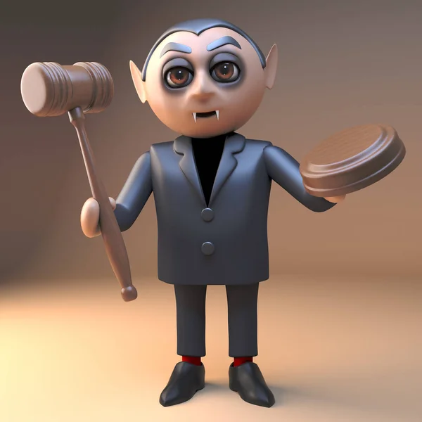 Funny cartoon dracula the vampire holding an auctioneers gavel, 3d illustration — Stock Photo, Image