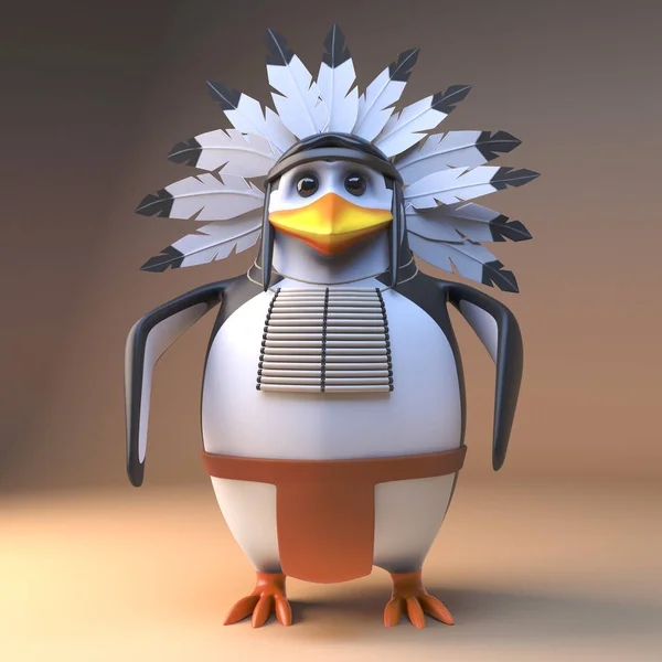 Noble 3D Cartoon Native American Indian Penguin Chieftain in gevederde hoofdtooi staande vreedzaam, 3D-illustratie — Stockfoto