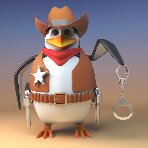 Salvaje oeste sheriff vaquero pingüino está a punto de arrestar a un villano con sus esposas dibujadas, 3d ilustración — Foto de Stock