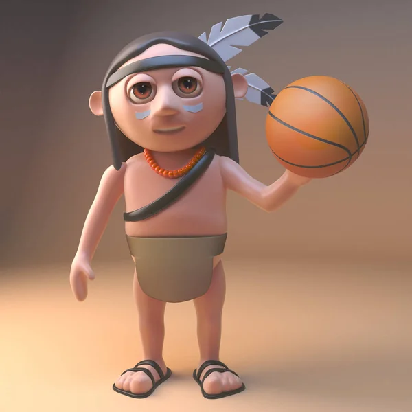 Esportes mente nativa índio americano jogando com uma bola de basquete, ilustração 3d — Fotografia de Stock