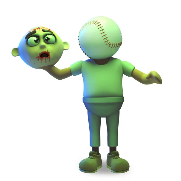 Armes Halloween-Zombie-Monster wurde geköpft und hat statt eines Kopfes einen Baseball, 3D-Illustration — Stockfoto