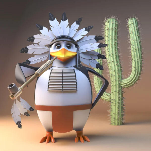 Funny cartoon native American Indian penguin chief smoking a peace pipe by a cactus, 3d illustration