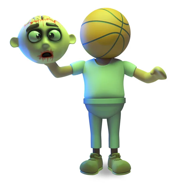 Мультфильм Хэллоуин зомби монстр был декапитализирован и имеет баскетбол за голову, 3D иллюстрация — стоковое фото