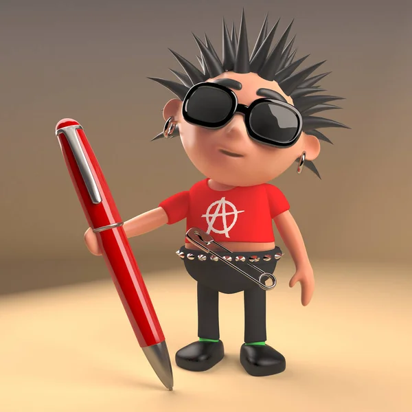 Cool punk rocker z włosami spiczasty trzymając czerwony długopis, ilustracja 3D — Zdjęcie stockowe