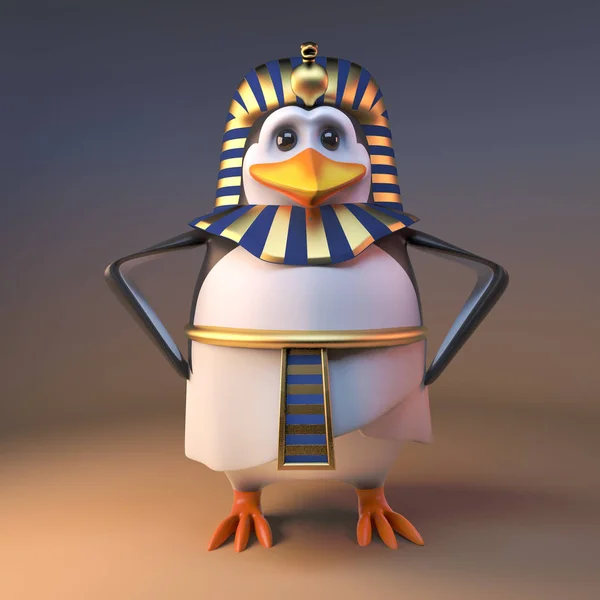 Ο ευγενής 3D πιγκουίνος Φαραώ Τουτάνκαθαν στέκεται με τα χέρια στους γοφούς, 3D εικονογράφηση — Φωτογραφία Αρχείου