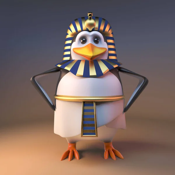 Noble 3d penguen firavun Tutankhamun kalça, 3d illüstrasyon elleri ile duruyor — Stok fotoğraf