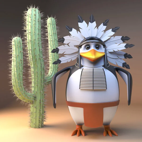 3D Noble bennszülött amerikai indián vezér a hagyományos tollas frizura előtt álló egy régi kaktusz a sivatagban, 3D illusztráció — Stock Fotó