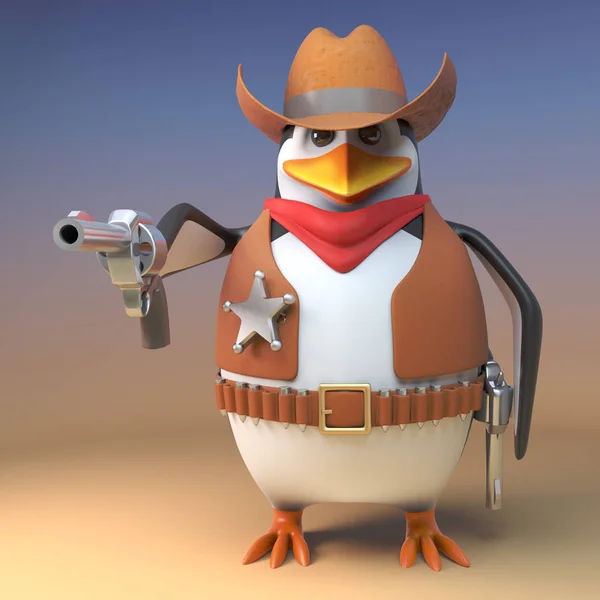 Wild West Penguin Sheriff cowboy dolgozott a pisztolyt, és mutatva, hogy a néző, 3D illusztráció — Stock Fotó