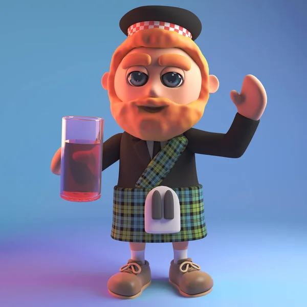 Entspannter schottischer Mann im traditionellen Kilt, der ein Erfrischungsgetränk aus einem Glas trinkt, 3D-Illustration — Stockfoto