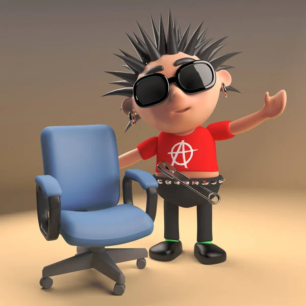 Caricatura divertida 3d punk rocker personaje con pelo de púas de pie junto a una silla vacía, ilustración 3d — Foto de Stock