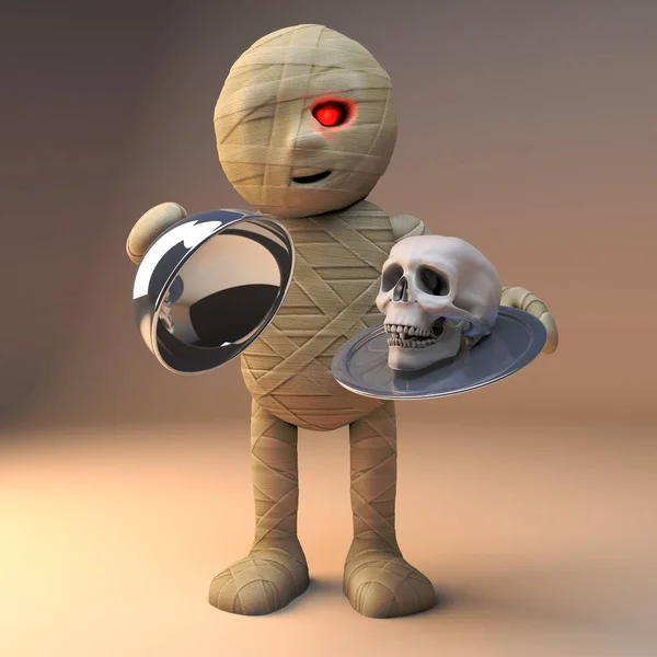 Friendly 3d cartoon Egyptian mummy monster brandishes a silver tray with human skull, 3d illustration