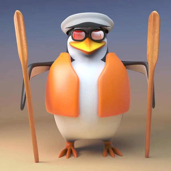 Capitão dos desenhos animados pinguim o marinheiro salgado com dois remos, ilustração 3d — Fotografia de Stock