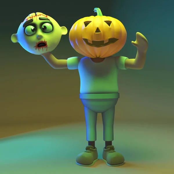 Weird 3d cartoon undead zombie monster has a carved pumpkin for a head, 3d illustration — Stock Photo, Image