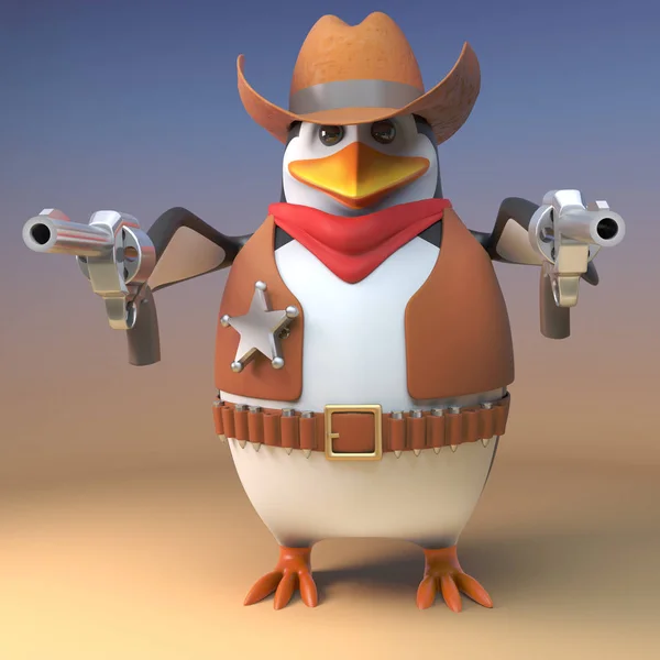 Wild West pingouin shérif cow-boy pointe ses deux pistolets vers le spectateur pour un effet dramatique, illustration 3D — Photo