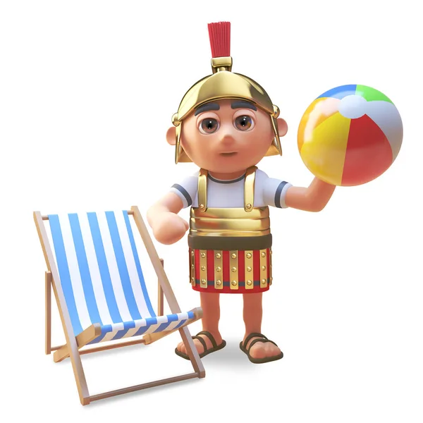 3d cartoon Roman legionnaire soldier relaxing on his holiday with a beach ball and deck chair, 3d illustration