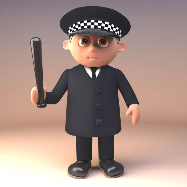 3D Cartoon politieagent in uniform op plicht met Baton truncheon getekend, 3D-illustratie — Stockfoto