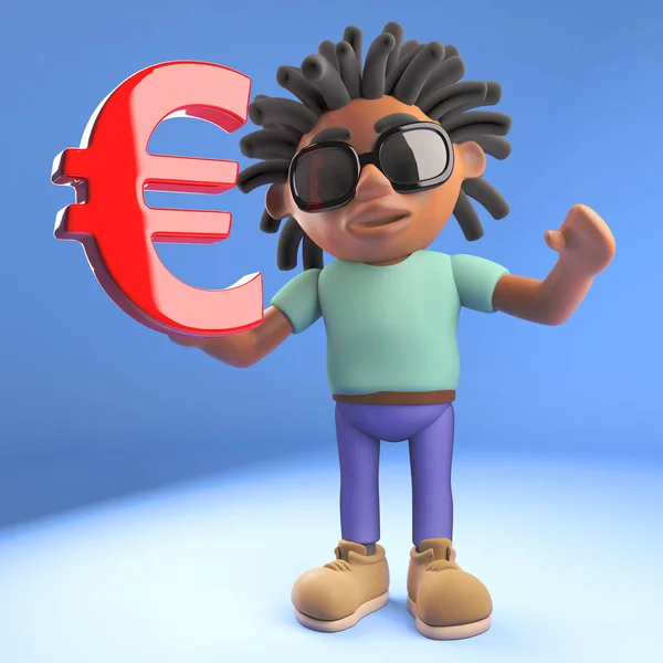 Black Afro Caribbean man with dreadlocks holding a Euro currency symbol, 3d illustration