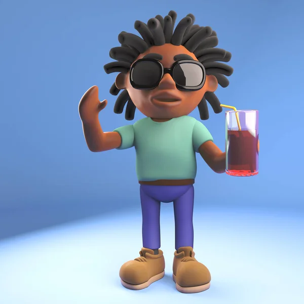 Relaxed Afro Caribbean man with dreadlocks drinking a soft drink, 3d illustration