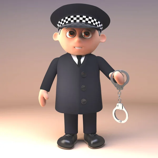 Officier de police 3d en uniforme en service tenant une paire de menottes, illustration 3d — Photo