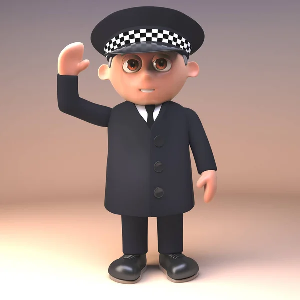 Friendly 3d police officer on duty in uniform waves a cheerful greeting of hello, 3d illustration — Stock Photo, Image