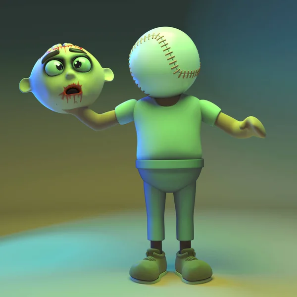 Biedny zdeaptiated 3D nieumarłych potwór zombie ma Baseball na głowę, ilustracja 3D — Zdjęcie stockowe