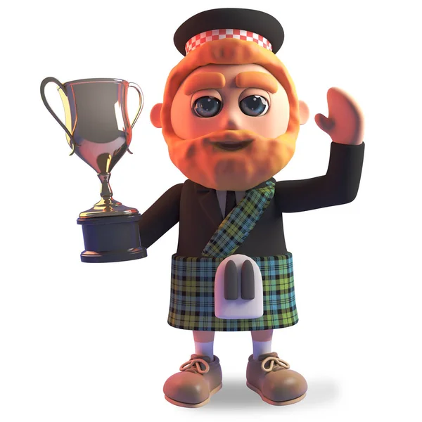 킬트에서 승리한 스코틀랜드 남자가 골드 컵 트로피 상을 수상, 3D 그림 — 스톡 사진