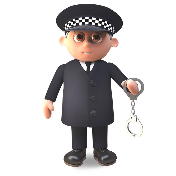 Karikatür 3d polis memuru üniforma lı bir çift kelepçe, 3d illüstrasyon brandishes görev — Stok fotoğraf