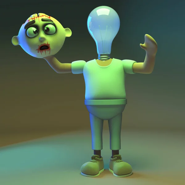 3D Funny Cartoon Undead zombie monste har en glödlampa i stället för ett huvud, 3D illustration — Stockfoto
