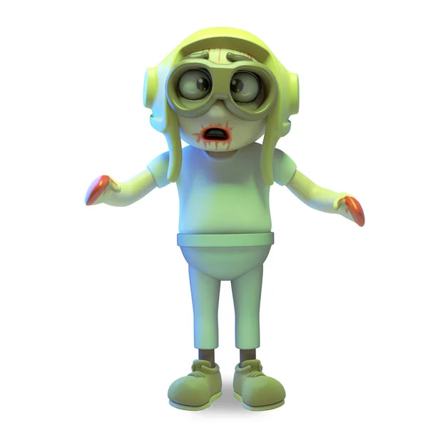 Arme ondode Zombie Airman in piloten hoed is zeer ongelukkig, 3D illustratie — Stockfoto