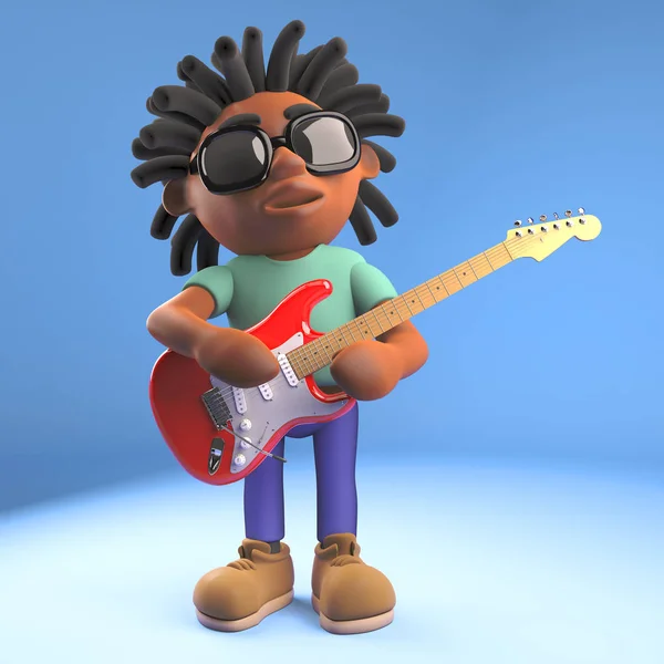 Musikalisk svart Afro Caribbean man med dreadlocks spela elgitarr, 3D illustration — Stockfoto
