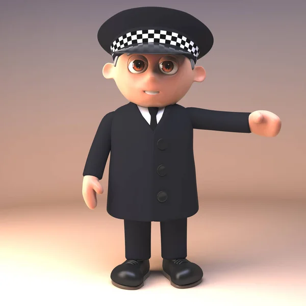 Policial de plantão e em gestos uniformes com braço para a esquerda, ilustração 3d — Fotografia de Stock