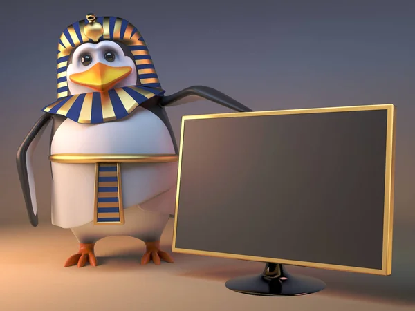 Skvělý kreslený 3D egyptský tučn faraon Tutanchamun ukazuje na novou televizi, 3D ilustrace — Stock fotografie