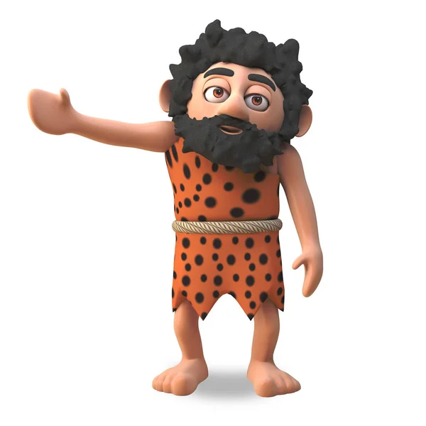 Mighy caveman 3d cartoon character gestures to the right with his hand, 3d illustration — стоковое фото