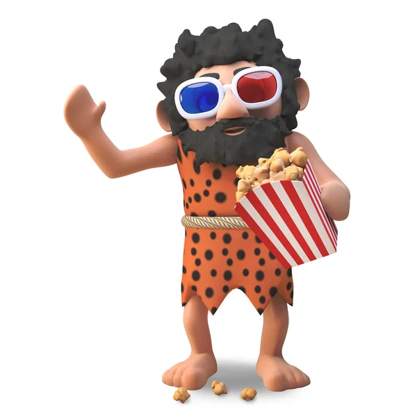 Savage cartoon 3d caveman eating popcorn while watching a 3d movie, 3d illustration