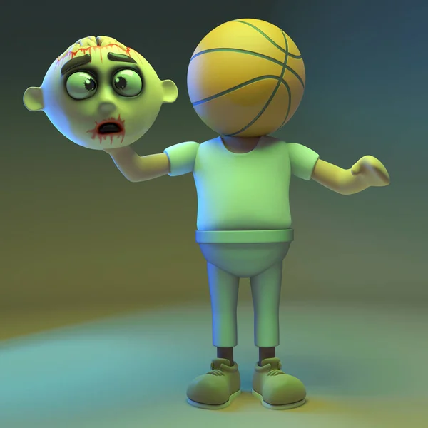 Komik karikatür 3d zombi canavar bir kafa, 3d illüstrasyon için bir basketbol var — Stok fotoğraf