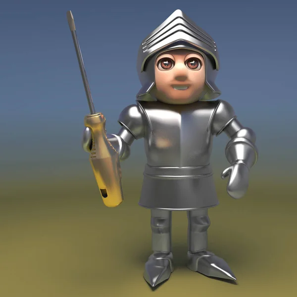 Cartoon 3d medieval knight in full plate armour holding a golden screwdriver, 3d illustration