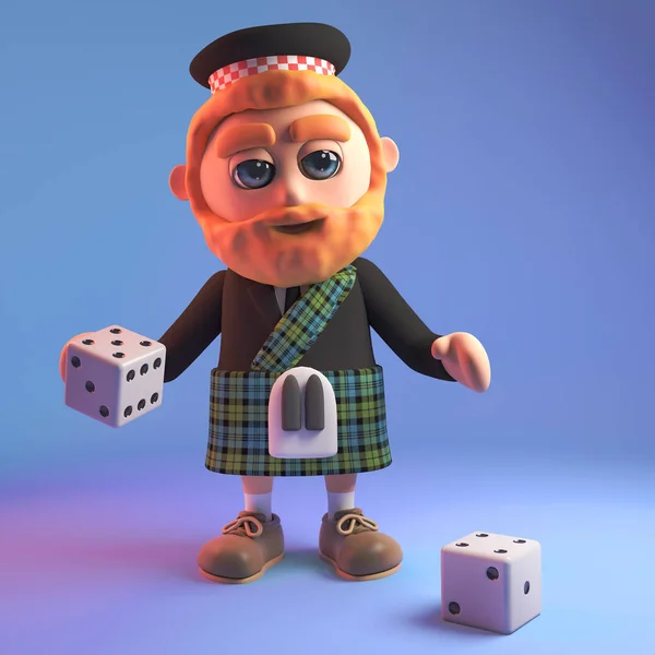 Lucky Scottish man in traditional kilt gambling with two dice, 3d illustration