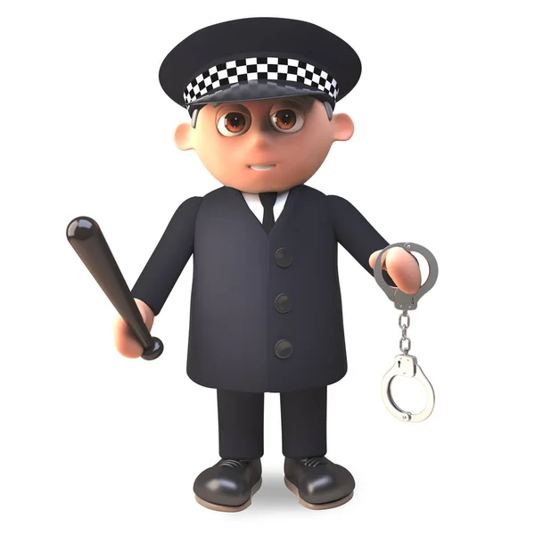 Em serviço 3d cartoon policial em uniforme brandindo algemas e troncos, ilustração 3d — Fotografia de Stock