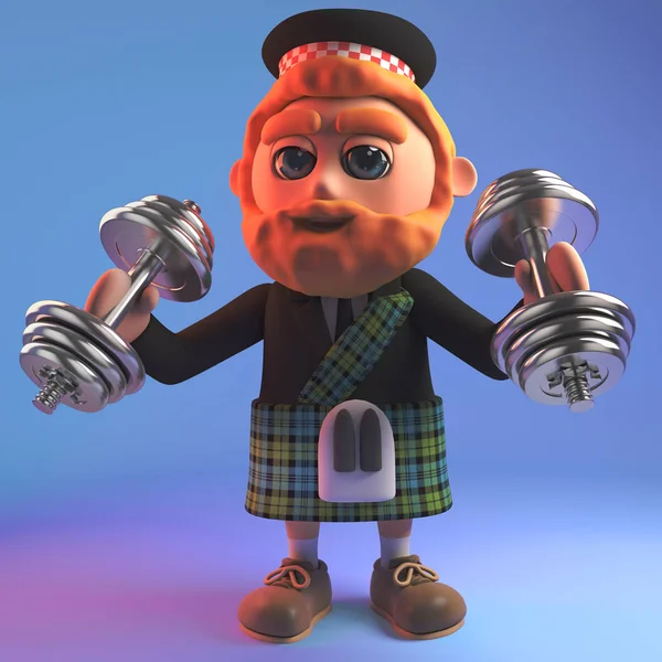Karikatür kırmızı sakallı İskoç adam ağırlıkları ile egzersiz kilt, 3d illüstrasyon — Stok fotoğraf