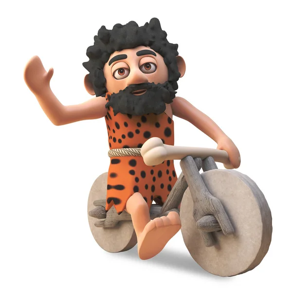 Hombre de las cavernas de la edad de piedra tonto montar en su bicicleta de piedra casera, ilustración 3d — Foto de Stock