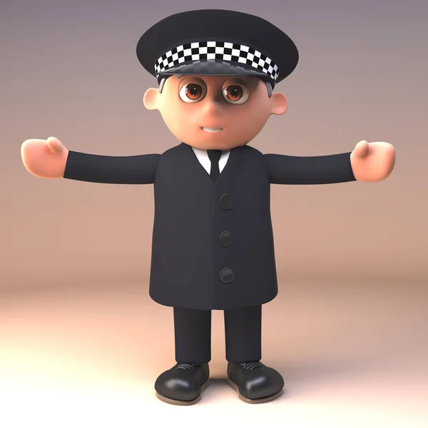 Desenhos animados 3d policial em uniforme fica com braços estendidos, ilustração 3d — Fotografia de Stock