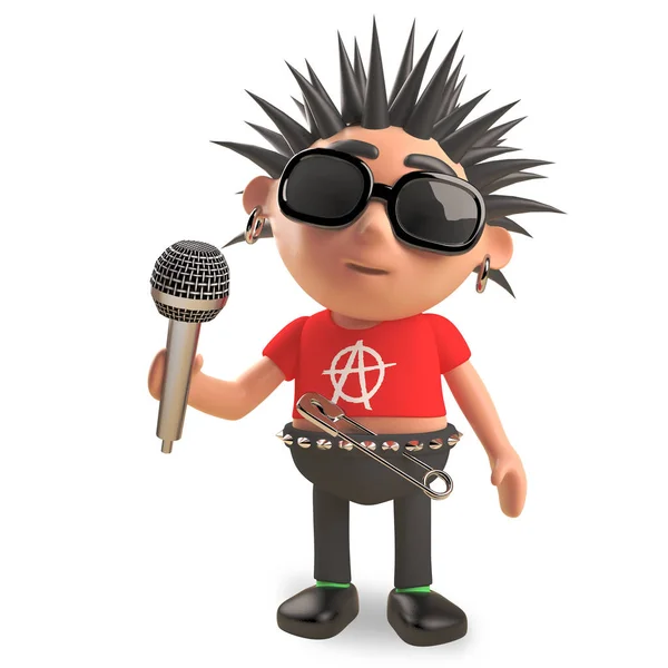 Ruttna punk Rocker med spikey Hair sjunger i mikrofonen, 3D illustration — Stockfoto