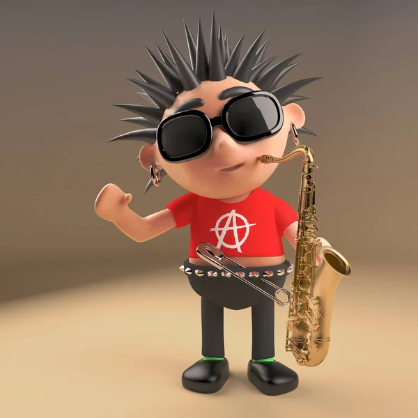 Musical 3D punk rocker z włosami spiczasty gra na saksofonie, ilustracja 3D — Zdjęcie stockowe