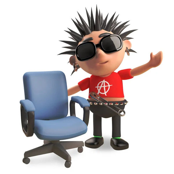 Friendly punk rocker with spikey hair has a vacant office chair, 3d illustration — Stock Photo, Image