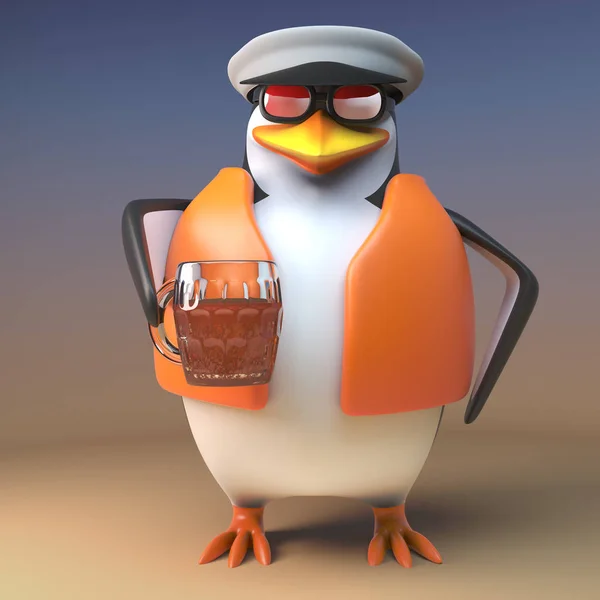 Törstig Sailor Captain Penguin dricker hjärtligt från sin pint av Ale, 3D illustration — Stockfoto